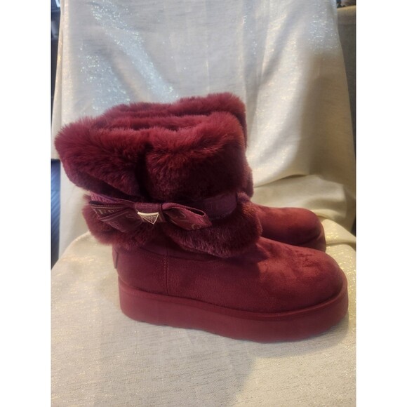 Guess Women's Denla Maroon Ribbon Bow Faux Fur Lined Ankle Boots Size 10 - Picture 3 of 8